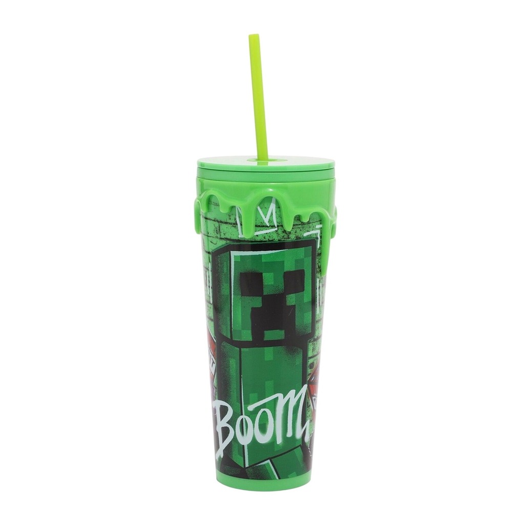 Minecraft Creeper 24oz‎ Drippy Acrylic Travel Cup Green w/ Straw New